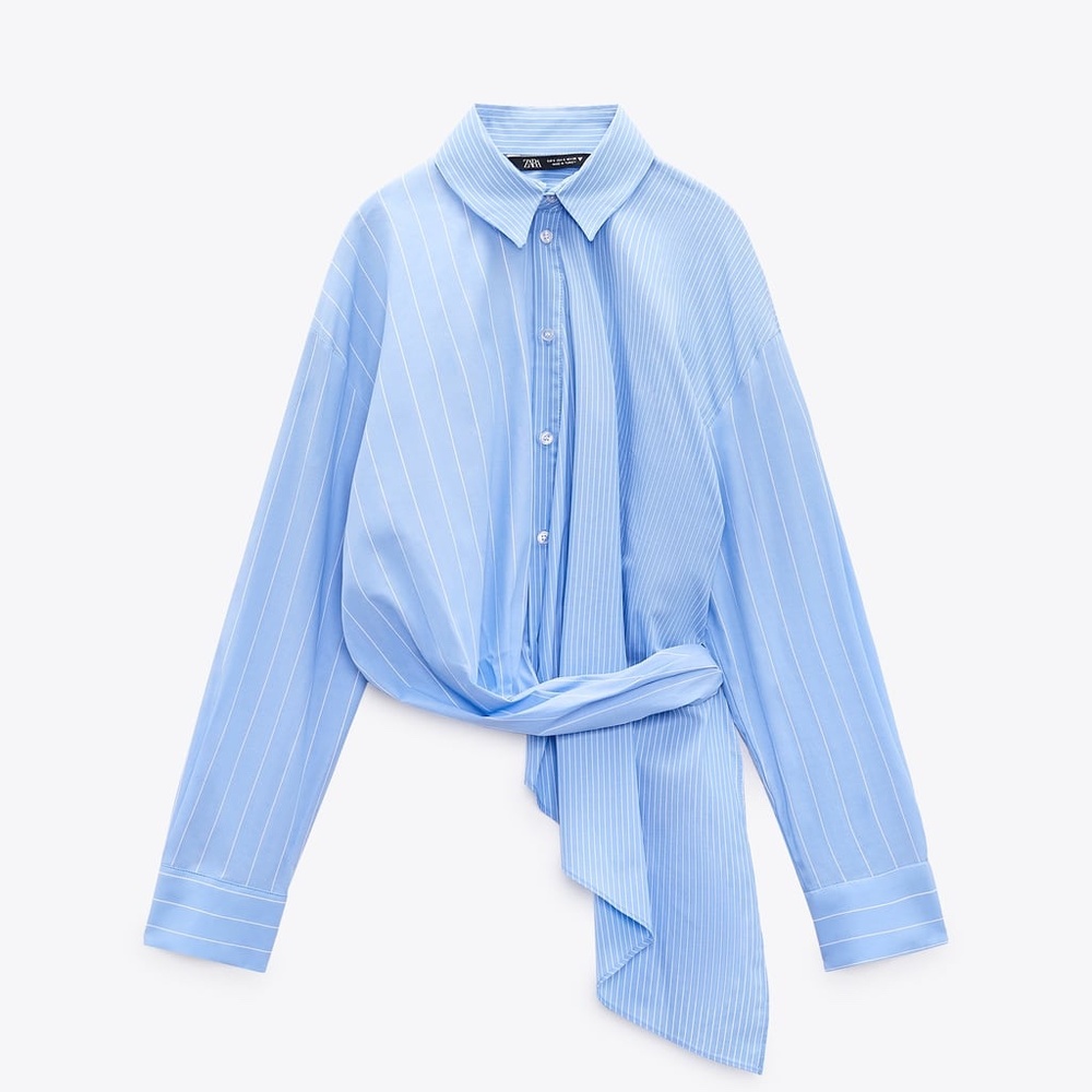 Zara asymmetrical contrast striped wrap blue shirt size S